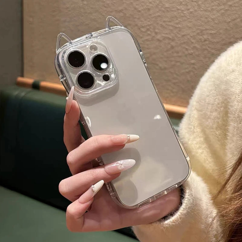 Cute Cat Ear Transparent CaseLuxury Transparent Phone Case For iPhone 11 12 13 14 15 16 17 Pro Max Shockproof Bumper Cases Cover