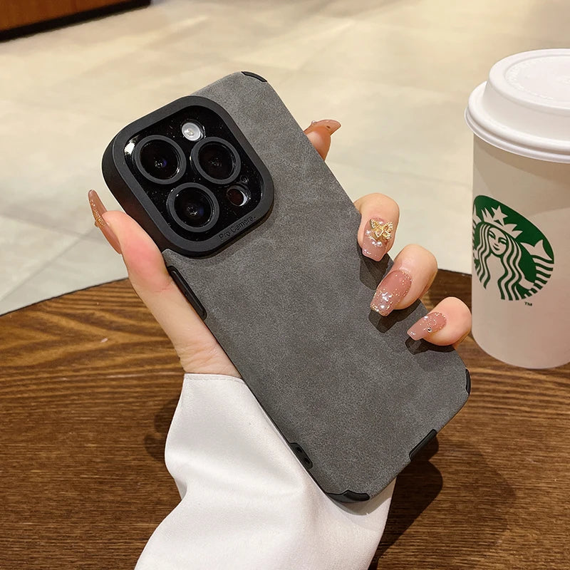 Luxury Matte Soft Leather Phone Case For iPhone 17 15 14 Plus 13 12 11 Pro Max 16 Plus Lens Protection Shockproof Silicone Cover