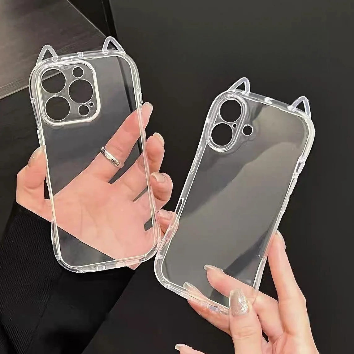 Cute Cat Ear Transparent CaseLuxury Transparent Phone Case For iPhone 11 12 13 14 15 16 17 Pro Max Shockproof Bumper Cases Cover