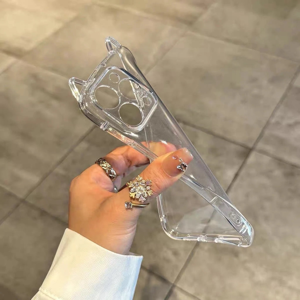 Cute Cat Ear Transparent CaseLuxury Transparent Phone Case For iPhone 11 12 13 14 15 16 17 Pro Max Shockproof Bumper Cases Cover