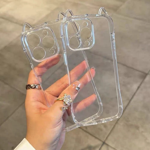 Cute Cat Ear Transparent CaseLuxury Transparent Phone Case For iPhone 11 12 13 14 15 16 17 Pro Max Shockproof Bumper Cases Cover